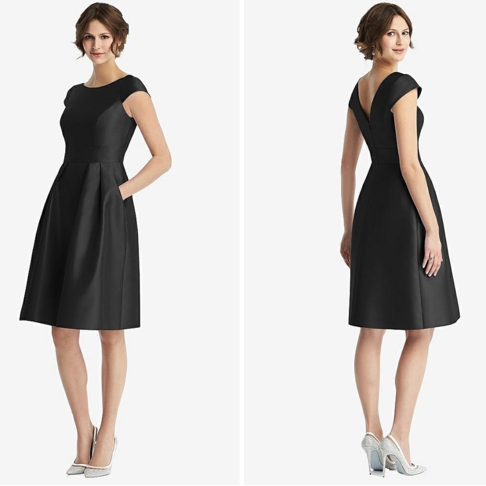 ALFRED SUNG Elegant Black Cap Sleeve Midi Dress